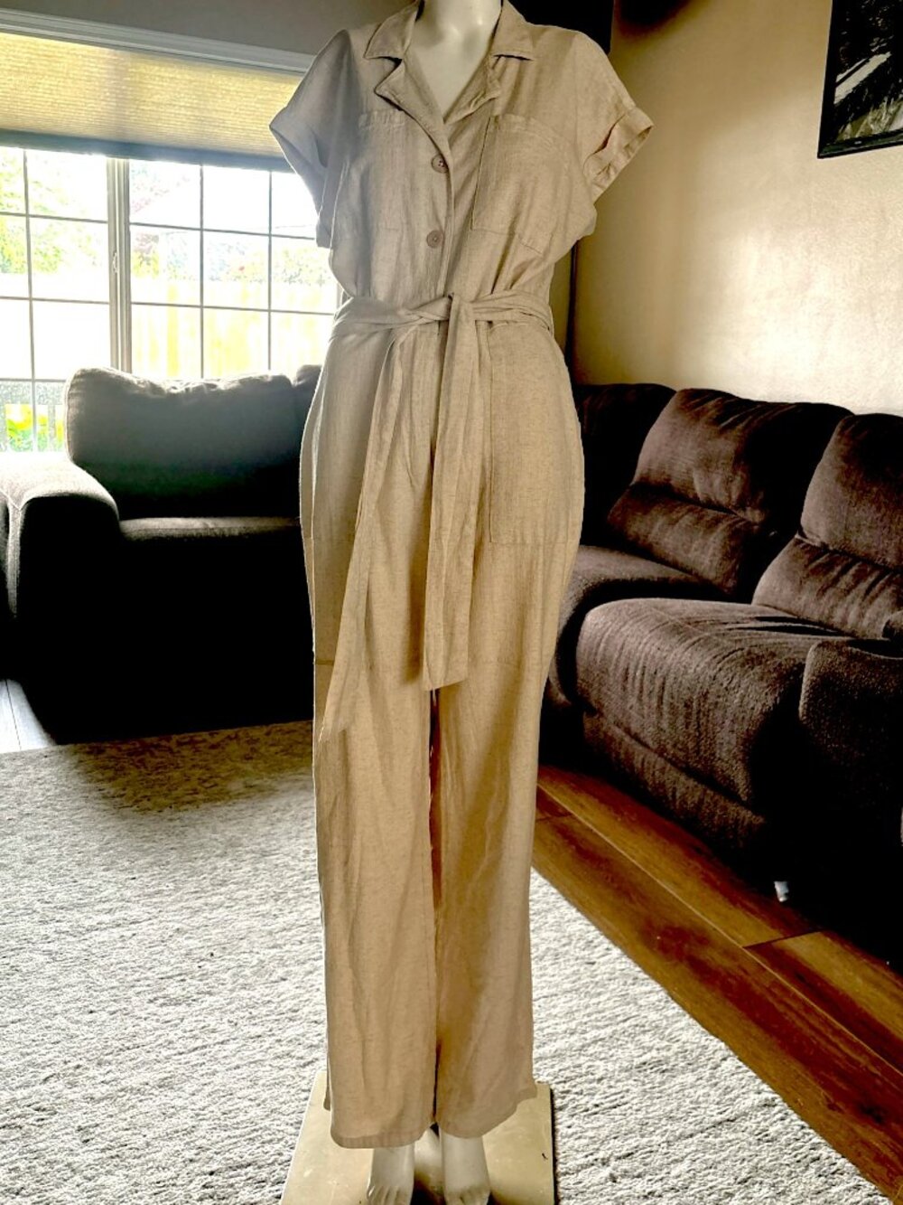 Haute Monde Jumpsuit Womens Size M Beige Utility Button Front Belted NWT